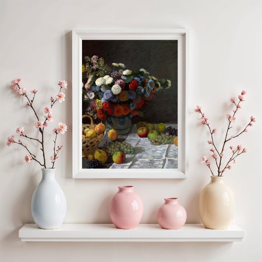 Stillleben mit Blume und Obst von Claude Monet Poster