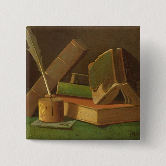 Stillleben mit Büchern und Tintenbrunnen Button (Vorderseite)