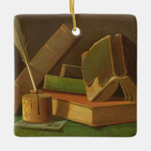 Stillleben mit Büchern und Tintenbrunnen Keramikornament