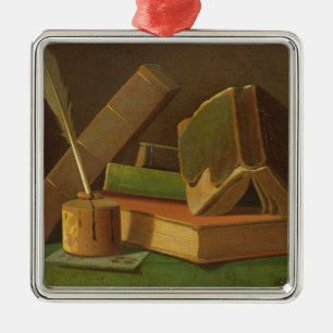 Stillleben mit Büchern und Tintenbrunnen Ornament Aus Metall
