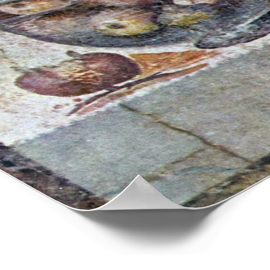 Stillleben mit einer Glasschale aus Obst und Vasen Poster (Ecke)