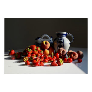 Stillleben mit Erdbeeren, Pfirsichen und Kirschen Poster