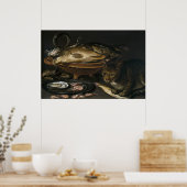 Stillleben mit Fisch und Katze Poster (Küche)