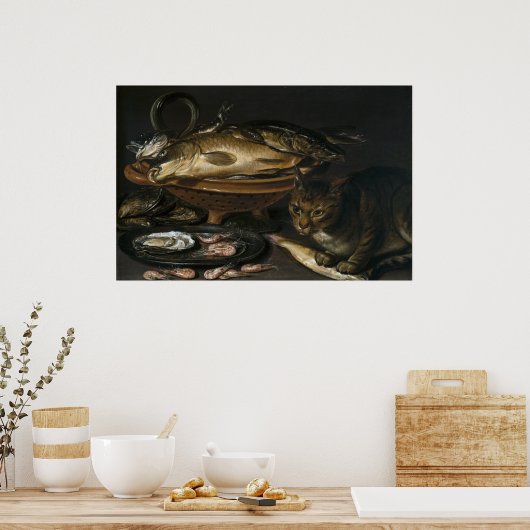 Stillleben mit Fisch und Katze Poster (Küche)