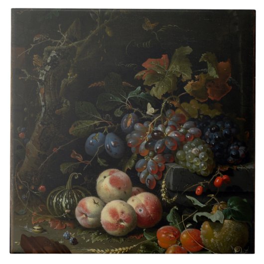 Stillleben mit Frucht, Laub und Insekten, c.1669 Fliese (Vorderseite)
