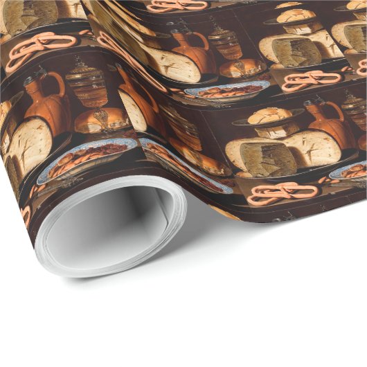 Stillleben mit Käse, Mandeln und Brezeln Geschenkpapier (Rolleneckpunkt)