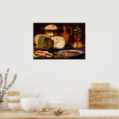 Stillleben mit Käse, Mandeln und Brezeln Poster (Küche)
