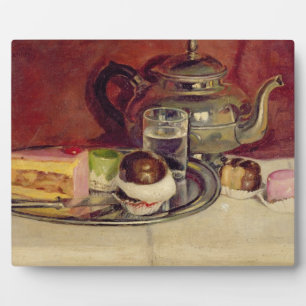 Stillleben mit Kuchen und einem Silberteapot (Öl a Fotoplatte