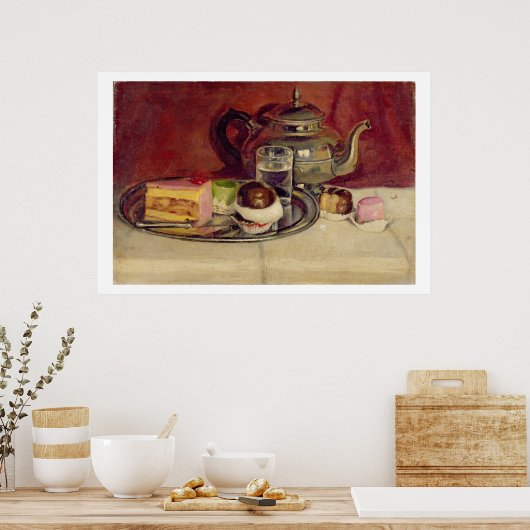 Stillleben mit Kuchen und einem Silberteapot (Öl a Poster (Küche)