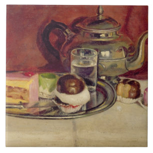 Stillleben mit Kuchen und einer Silber-Teekanne Fliese