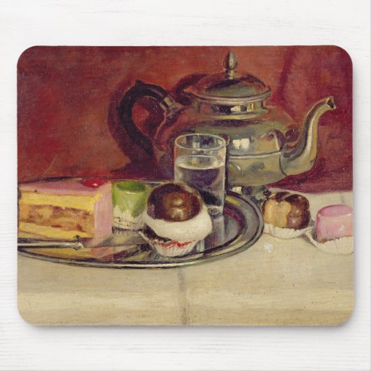 Stillleben mit Kuchen und einer Silber-Teekanne Mousepad (Vorne)