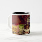 Stillleben mit Kuchen und einer Silber-Teekanne Zweifarbige Tasse (Vorderseite Links)