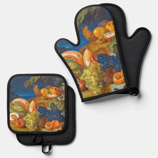 Stillleben mit Melonen, Trauben, Pfirsichen und Ki Ofenhandschuh & Topflappen-Set (Vorderseite/Rückseite)