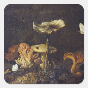 Stillleben mit Pilzen und Schmetterlingen Quadratischer Aufkleber