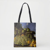 Stillleben mit Platte der Trauben, Pfirsiche, Tasche (Vorderseite)