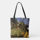Stillleben mit Platte der Trauben, Pfirsiche, Tasche (Rückseite)