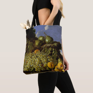 Stillleben mit Platte der Trauben, Pfirsiche, Tasche
