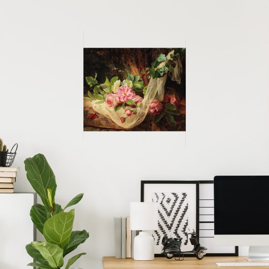 Stillleben mit Rose auf einem Waldboden Poster (Heimbüro)