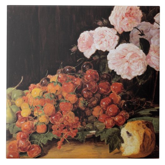 Stillleben mit Rose, Erdbeeren und Brot Fliese (Vorderseite)
