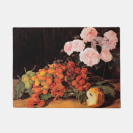 Stillleben mit Rose, Erdbeeren und Brot Fußmatte