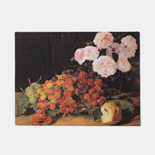 Stillleben mit Rose, Erdbeeren und Brot Fußmatte (Vorderseite)