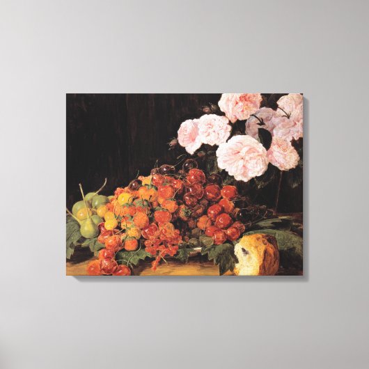 Stillleben mit Rose, Erdbeeren und Brot Leinwanddruck (Vorderseite)