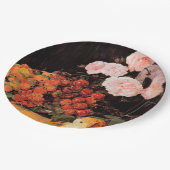 Stillleben mit Rose, Erdbeeren und Brot Pappteller (Schrägansicht)