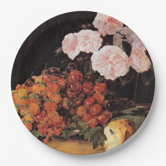 Stillleben mit Rose, Erdbeeren und Brot Pappteller (Vorderseite)