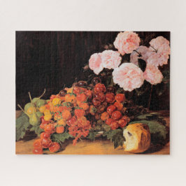 Stillleben mit Rose, Erdbeeren und Brot Puzzle