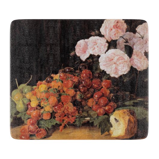 Stillleben mit Rose, Erdbeeren und Brot Schneidebrett (Vorderseite)