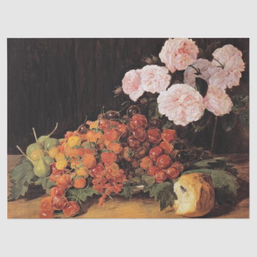 Stillleben mit Rose, Erdbeeren und Brot Seidenpapier (Vorderseite)