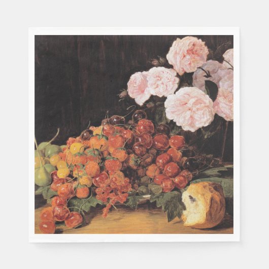 Stillleben mit Rose, Erdbeeren und Brot Serviette (Vorderseite)