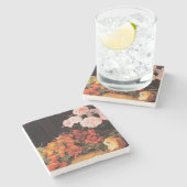 Stillleben mit Rose, Erdbeeren und Brot Steinuntersetzer (Seitenansicht)