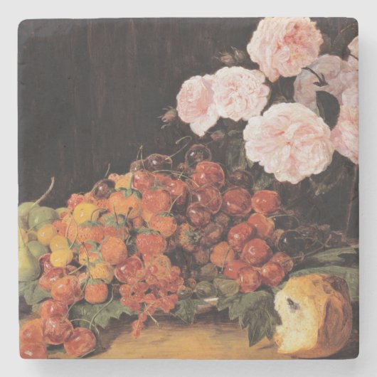 Stillleben mit Rose, Erdbeeren und Brot Steinuntersetzer (Vorderseite)