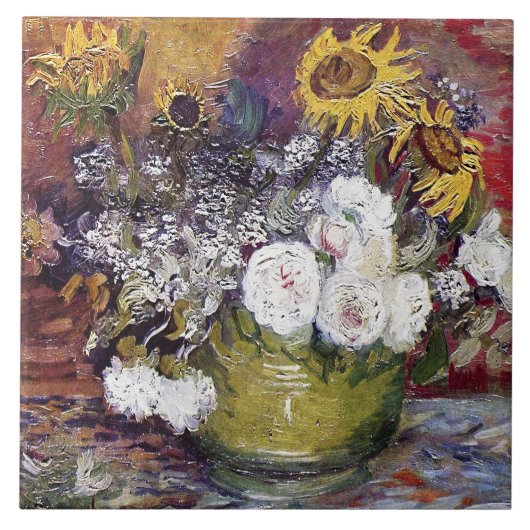 Stillleben mit Rose und Sonnenblumen - Van Gogh Fliese (Vorderseite)