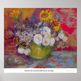 Stillleben mit Rose und Sonnenblumen von van Gogh Poster