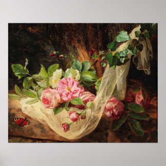 Stillleben mit Rosen auf einem Waldboden Poster