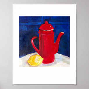 Stillleben mit roter Kaffeekanne und Zitrone Poster