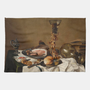 Stillleben mit Schinken, Büchern und Zierschiffen Geschirrtuch