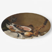 Stillleben mit Schinken, Büchern und Zierschiffen Pappteller (Schrägansicht)