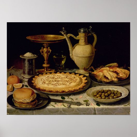 Stillleben mit Tee, Huhn, Brot und Oliven Poster (Vorne)