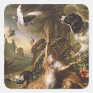 Stillleben mit totem Spiel und Hares Quadratischer Aufkleber
