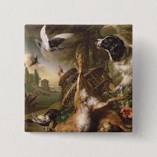 Stillleben mit totem Spiel und Hasen Button