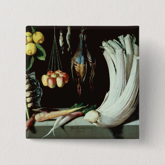 Stillleben mit toten Vögeln, Frucht und Button (Vorderseite)