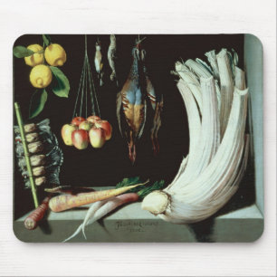 Stillleben mit toten Vögeln, Frucht und Mousepad