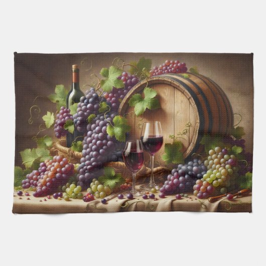 Stillleben mit Trauben und Wein Geschirrtuch (Horizontal)