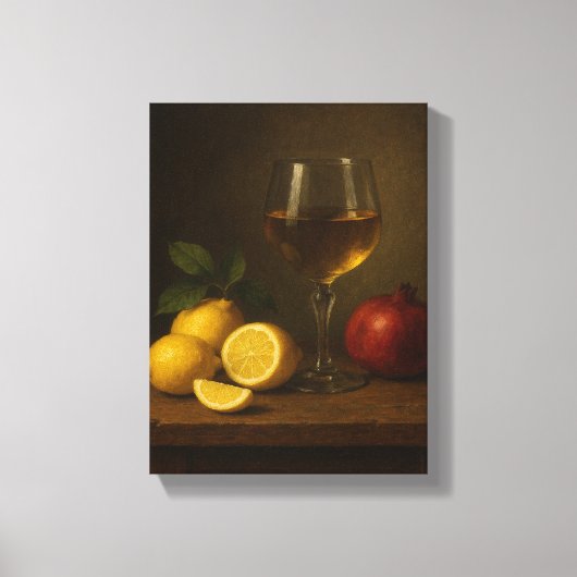 Stillleben mit Zitronen, Granatapfel und Weinglas Leinwanddruck (Vorderseite)