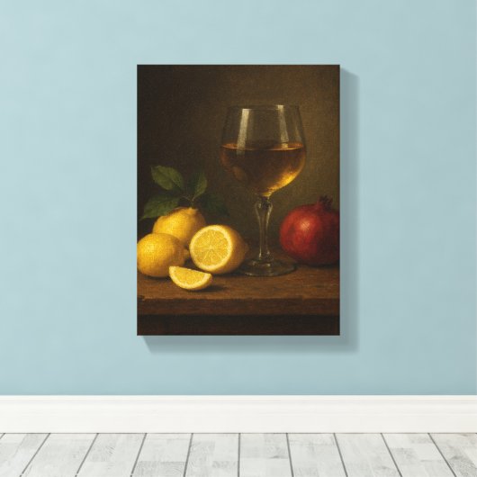 Stillleben mit Zitronen, Granatapfel und Weinglas Leinwanddruck (Insitu (Holzboden))