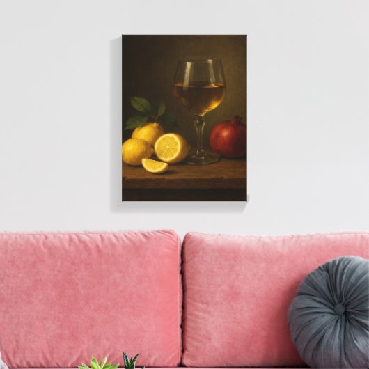 Stillleben mit Zitronen, Granatapfel und Weinglas Leinwanddruck (Insitu (Wohnzimmer))