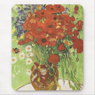Stillleben - Rote Mohnblumen und Gänseblümchen Mousepad